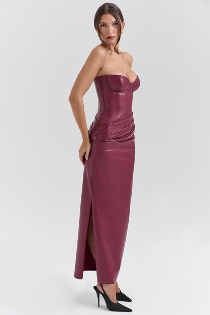 cabernet vegan leather midi dress