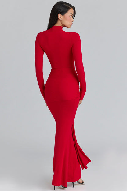 scarlet red hip drape maxi dress