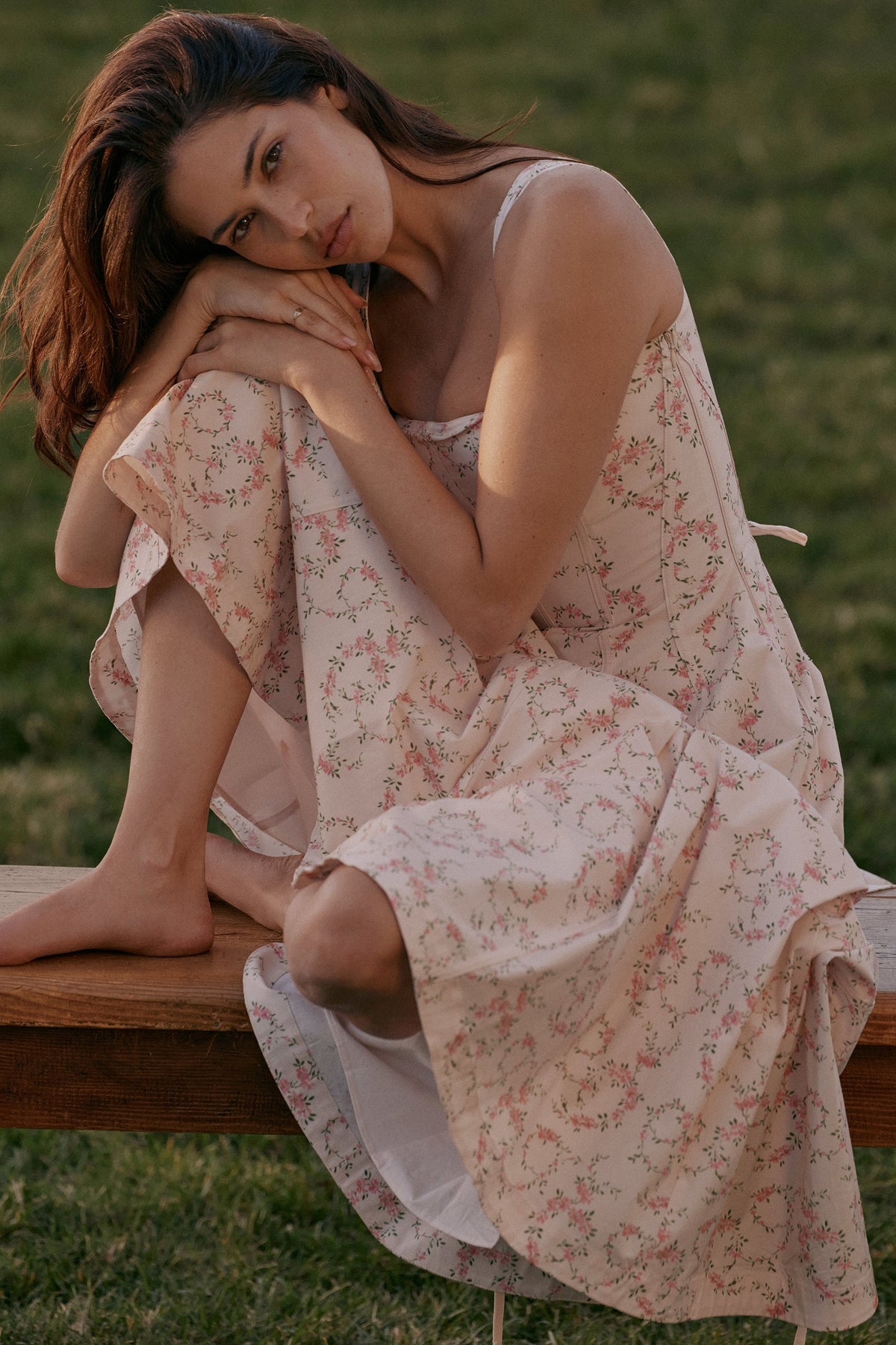 cream floral print cotton midi sun dress