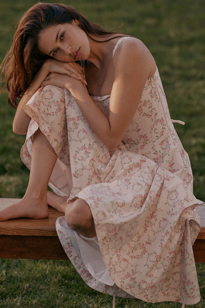 cream floral print cotton midi sun dress