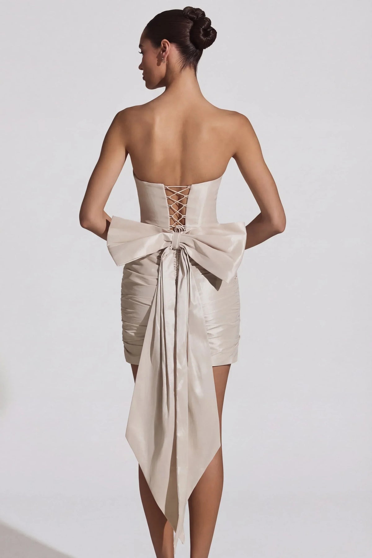 Satin Bow-Detail Strapless Mini Dress in Ivory