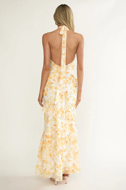 Cipriana Frill Trim Halter Maxi Dress Floral Yellow