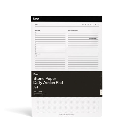Karst Stone Paper Daily Action Pad in A4 size, shown front-facing with a black header, structured daily planner layout, and perforated pages on a white background.