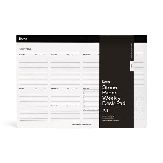 Karst Stone Paper Weekly Desk Pad A4 planner with weekly layout, eco-friendly tree-free desk planner pad for productivity, task planning, scheduling, and weekly organization.
