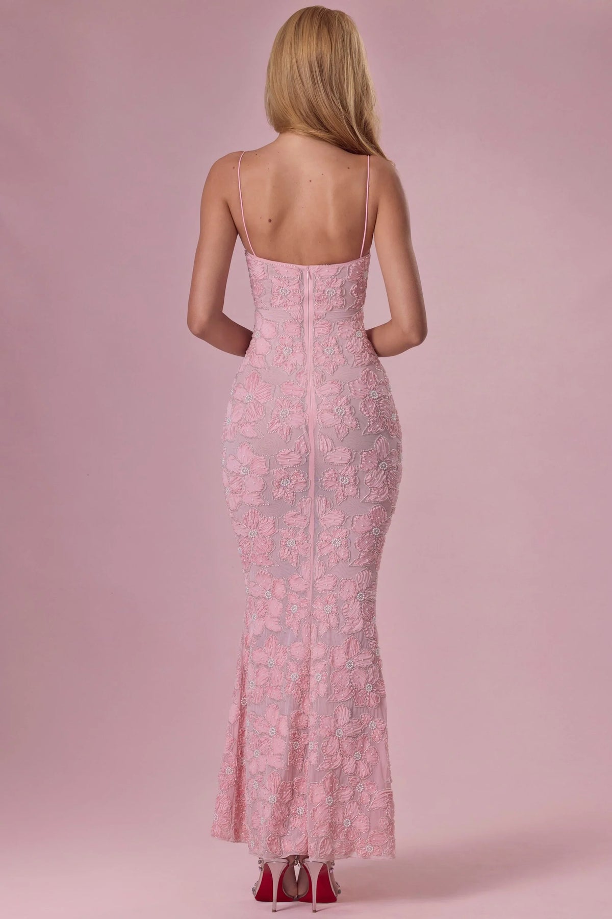 Embellished Square Neck Maxi Dress in Blush Pink