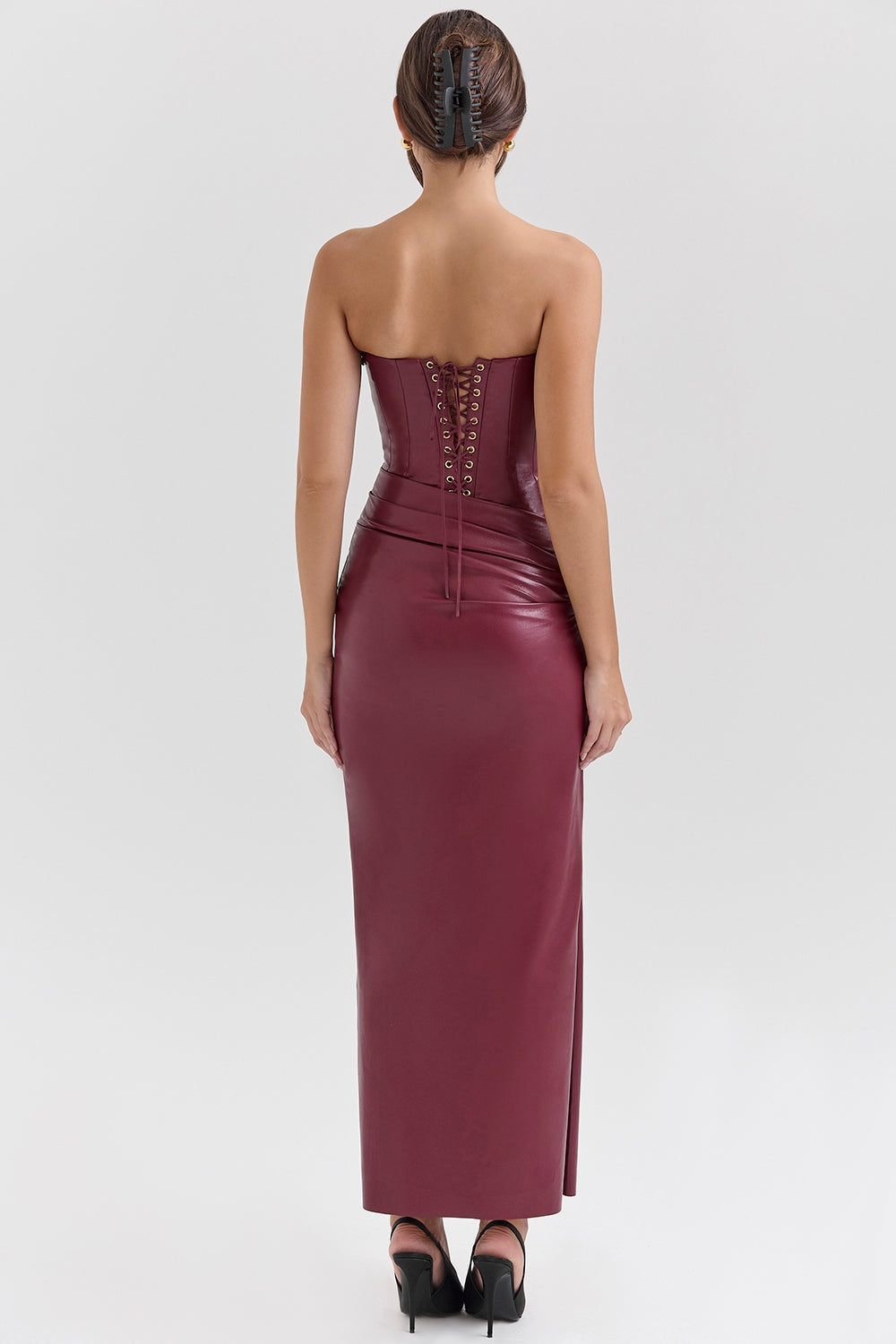 cabernet vegan leather midi dress