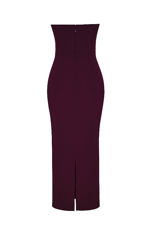 grape strapless corset maxi dress