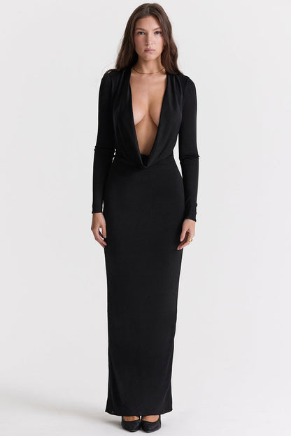 black draped maxi dress