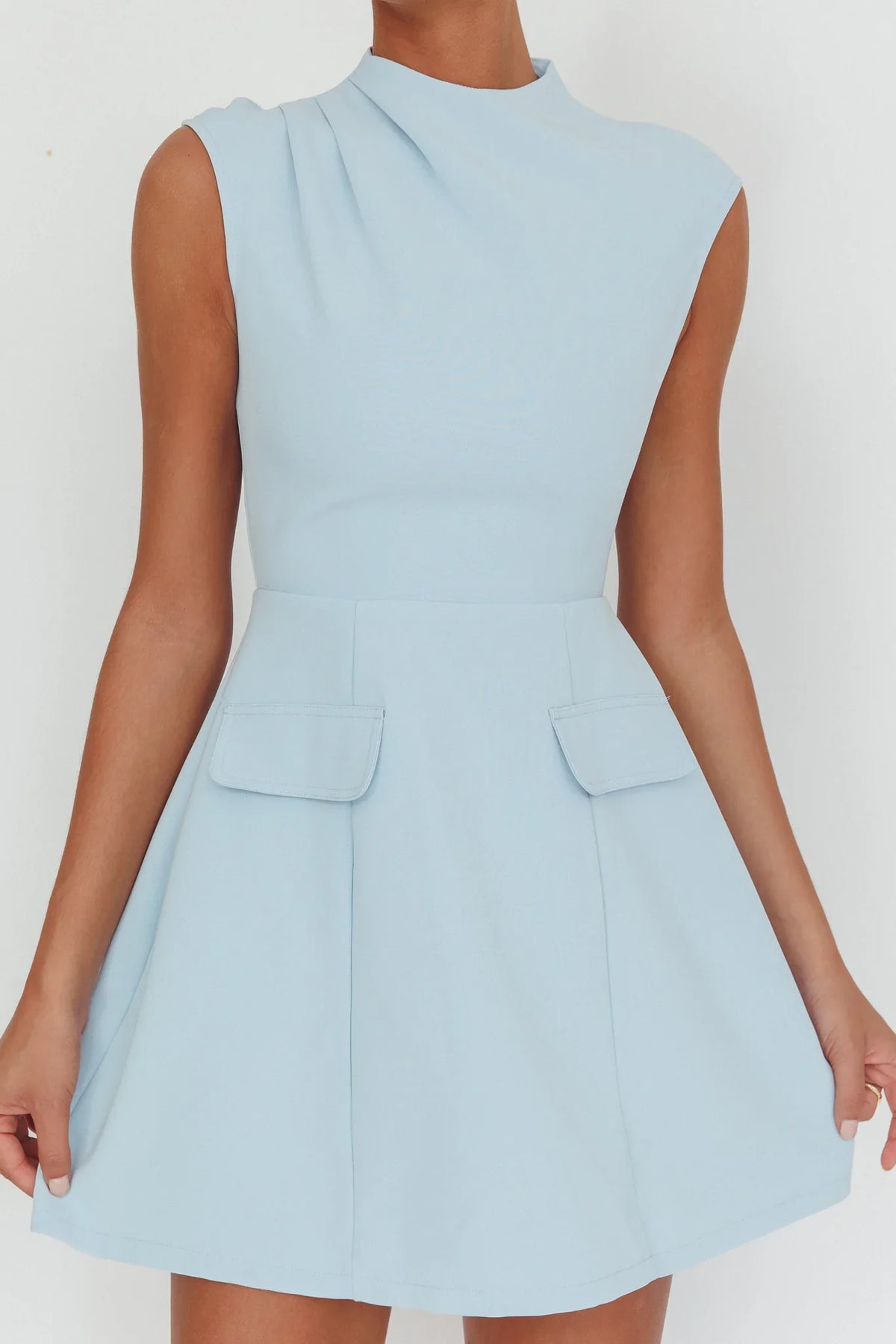 Thandi Pleat Shoulder Faux Pocket Mini Dress Steel Blue