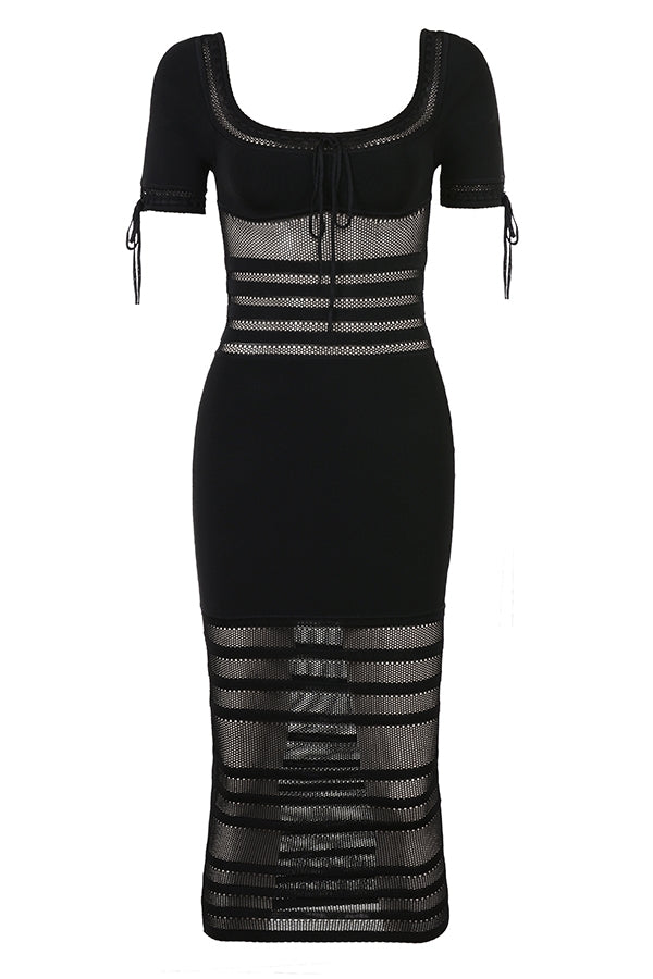 black openwork knit midi dress