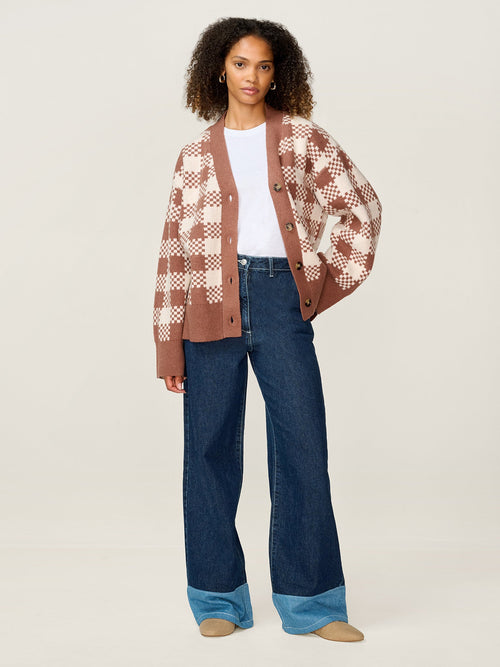 Athena Check Cardigan in Brown and Cream