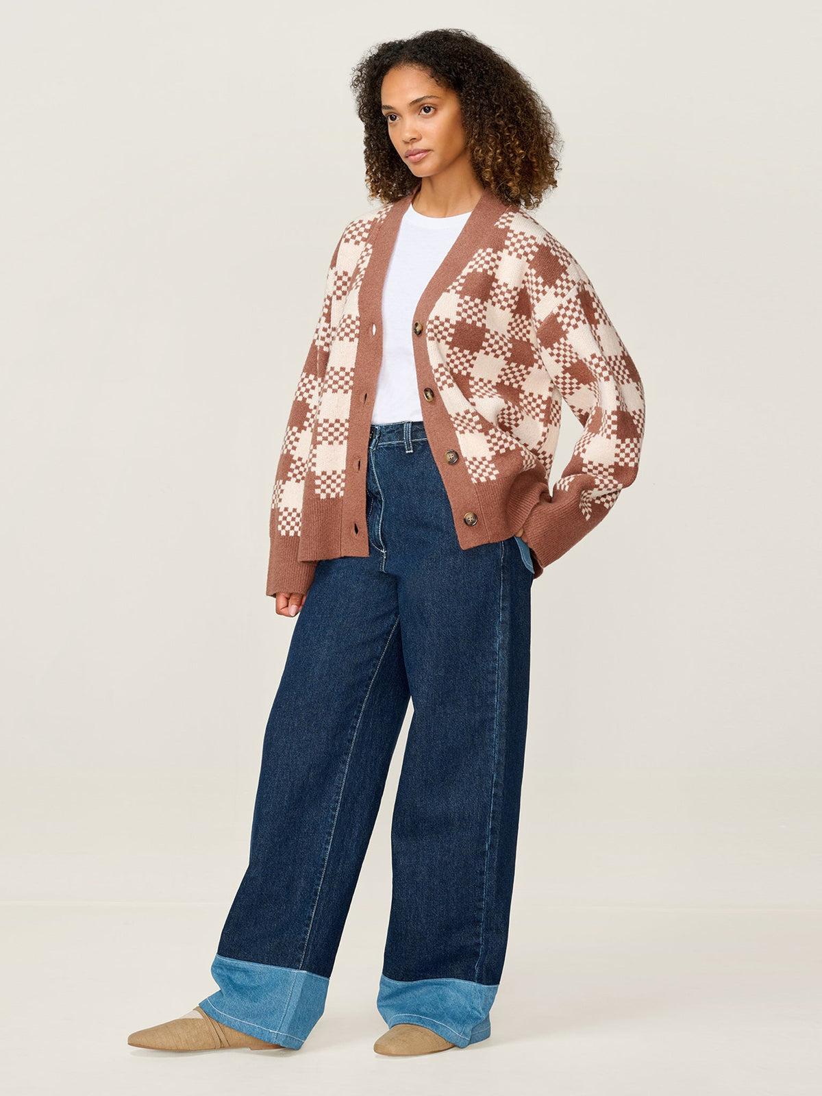 Athena Check Cardigan in Brown and Cream