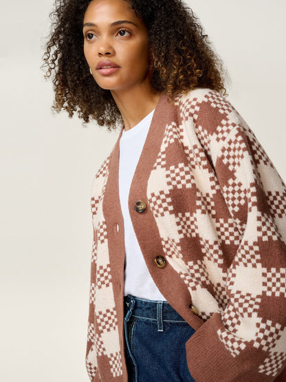 Athena Check Cardigan in Brown and Cream