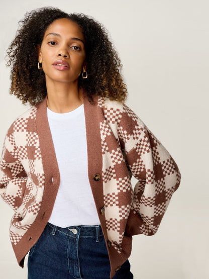 Athena Check Cardigan in Brown and Cream