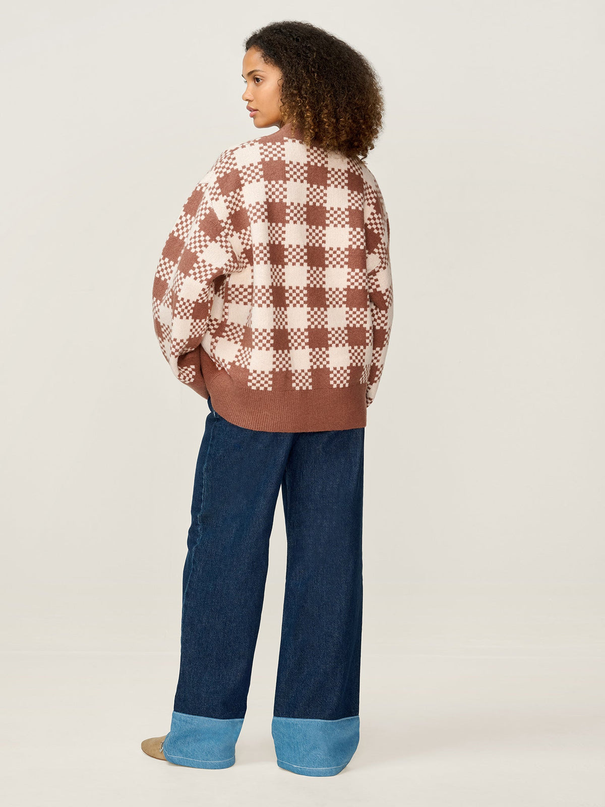Athena Check Cardigan in Brown and Cream