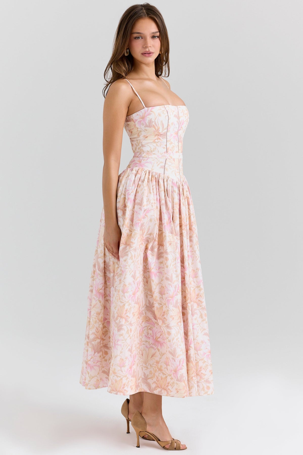 peach floral print stretch cotton midi sundress