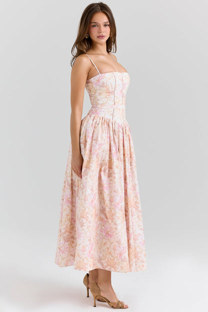 peach floral print stretch cotton midi sundress