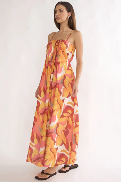 Lysette Pintuck Pleat Maxi Dress Print Orange