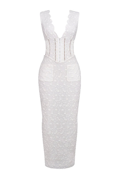 white cotton broderie anglais plunge maxi dress