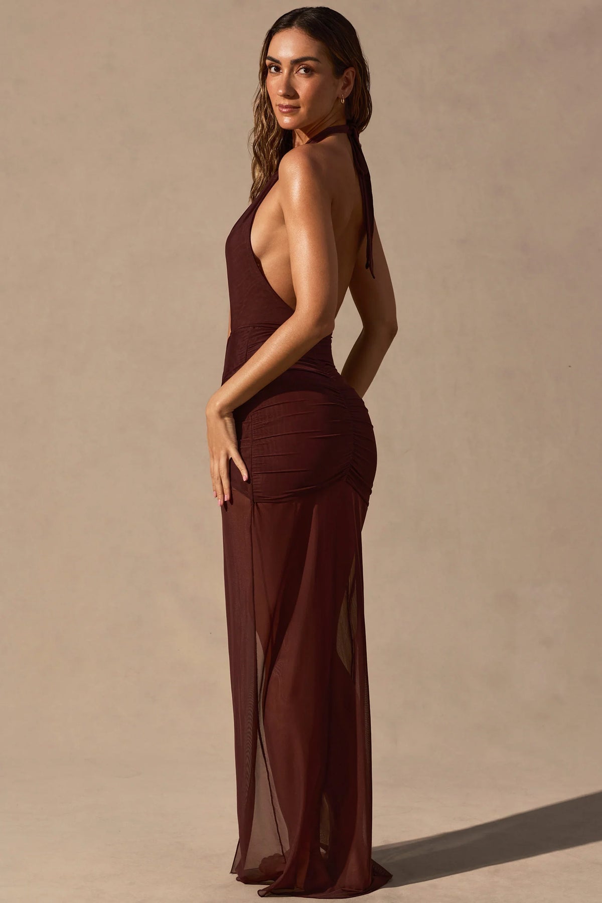 Cut-Out Halterneck Maxi Dress in Espresso Brown