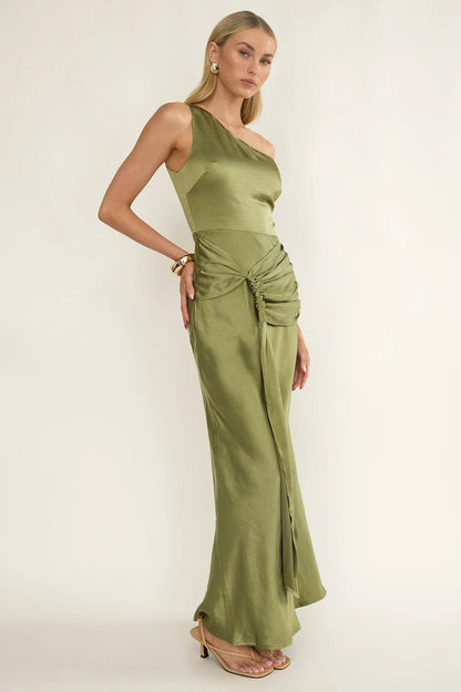 Luli One-Shoulder Waist Sash Maxi Dress Olive