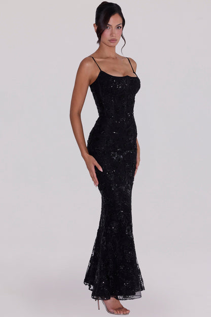 black hand beaded embellished corset maxi dress - limited edition