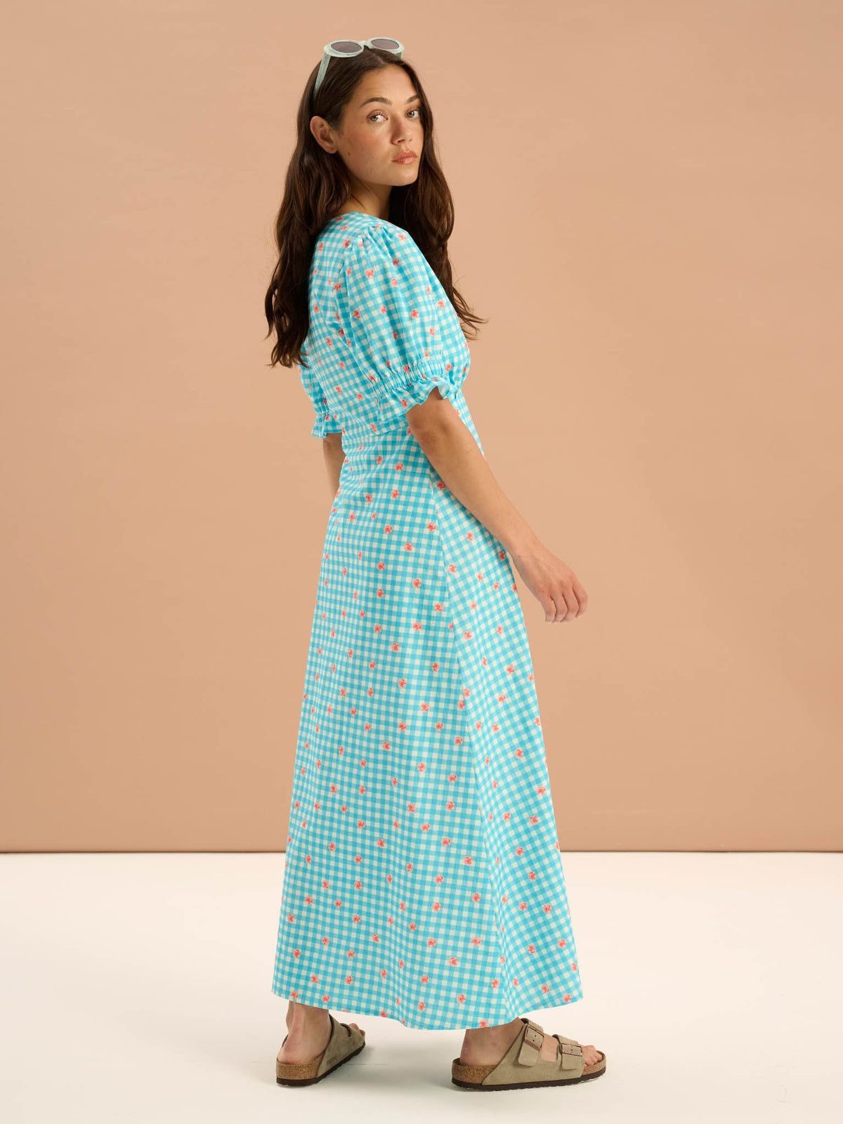 Beverley Floral Gingham Printed Frill Cuff Midi Dress in Blue