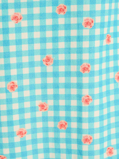 Beverley Floral Gingham Printed Frill Cuff Midi Dress in Blue