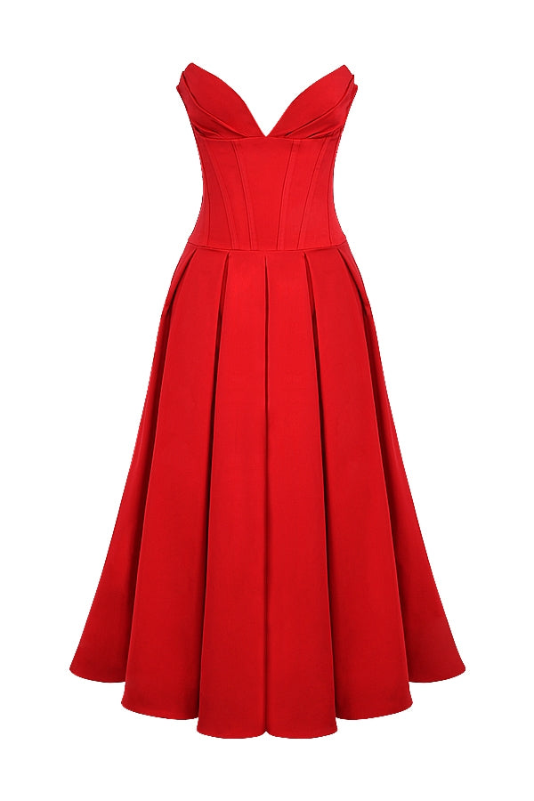 scarlet strapless midi dress