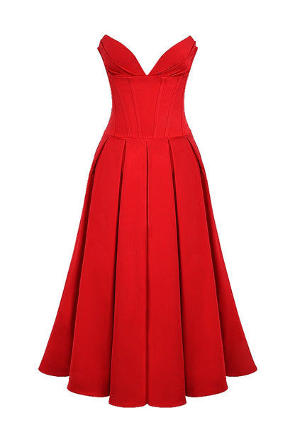 scarlet strapless midi dress