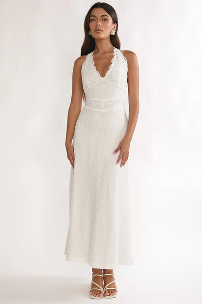 Beaucoup Lace Overlay Halterneck Maxi Dress Cream