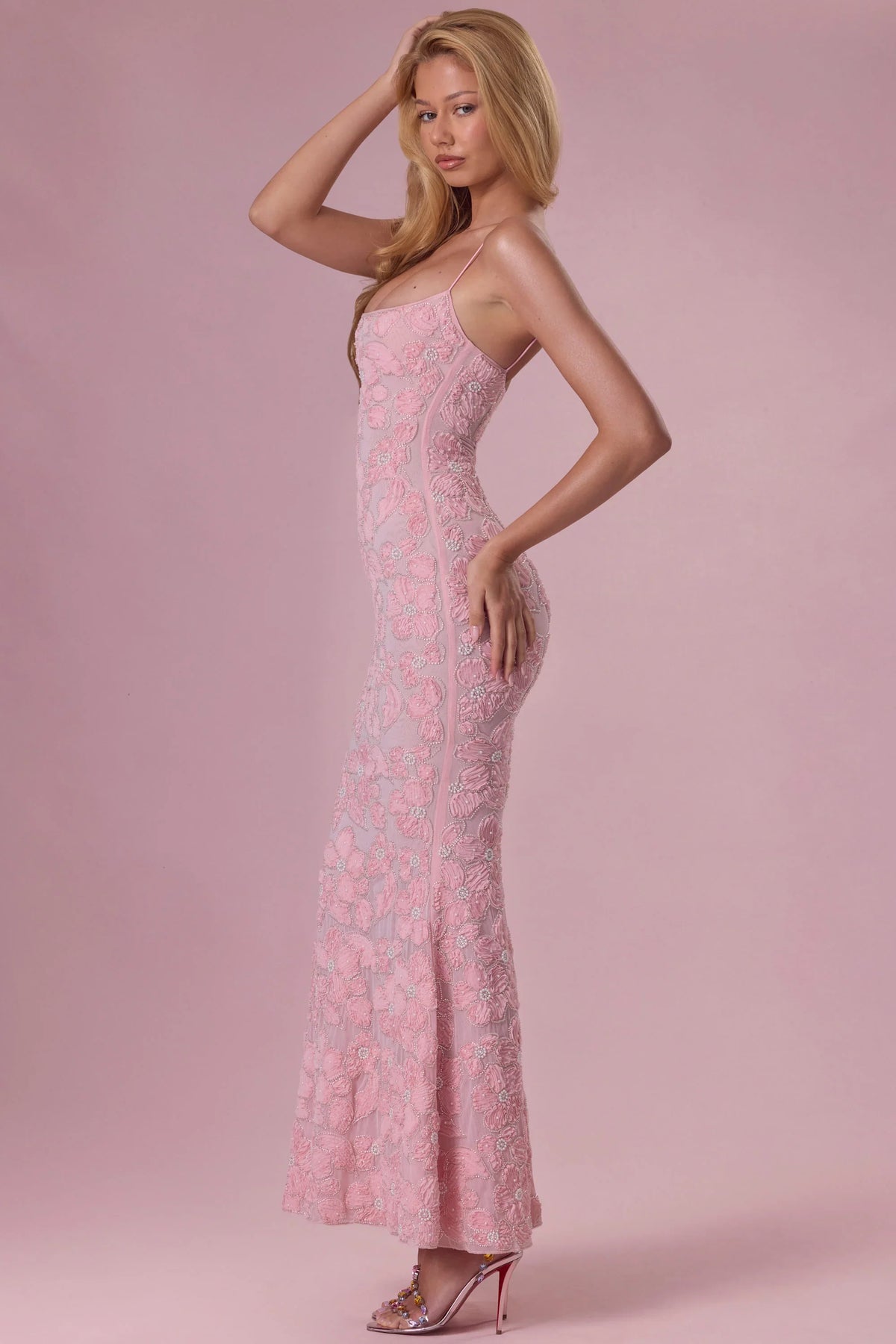Embellished Square Neck Maxi Dress in Blush Pink