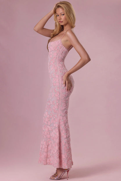 Embellished Square Neck Maxi Dress in Blush Pink