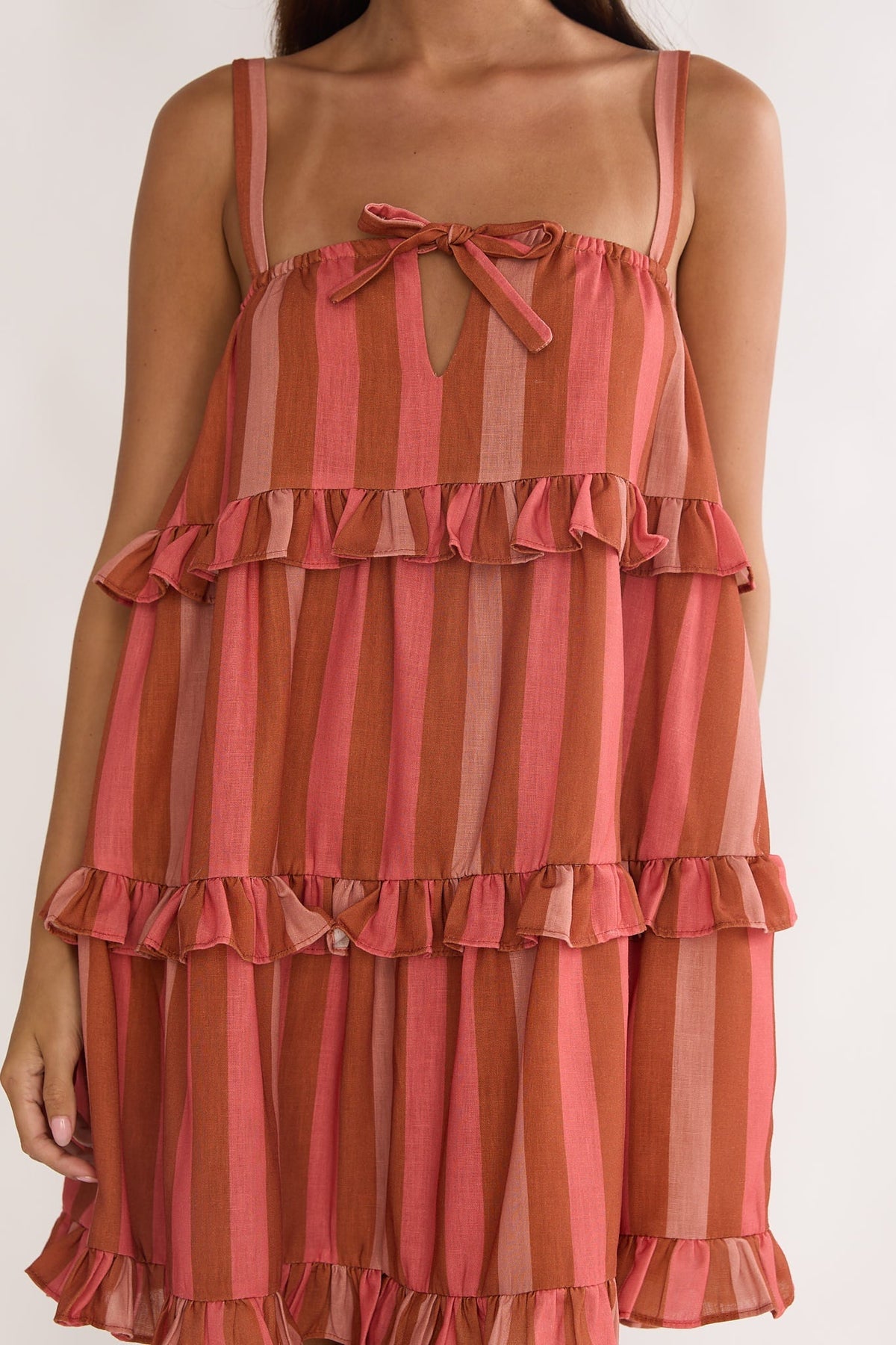 Lyndara Frill Trim Mini Dress Stripe Peach