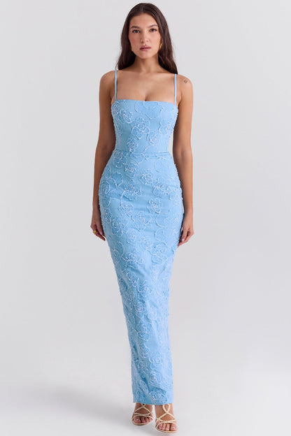 tuscan blue embroidered floral maxi dress
