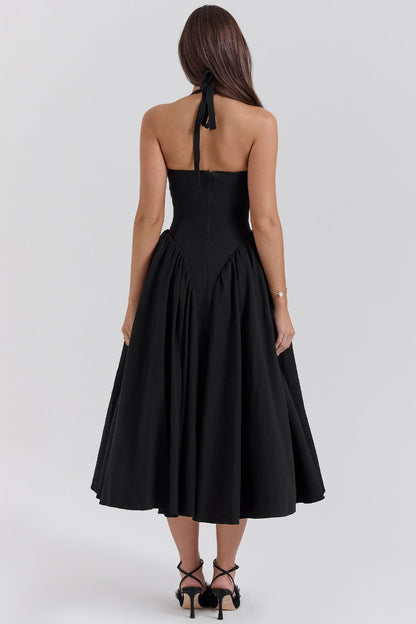 black twill halter midi dress