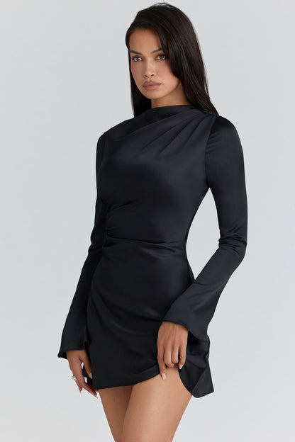 black satin long sleeve mini dress