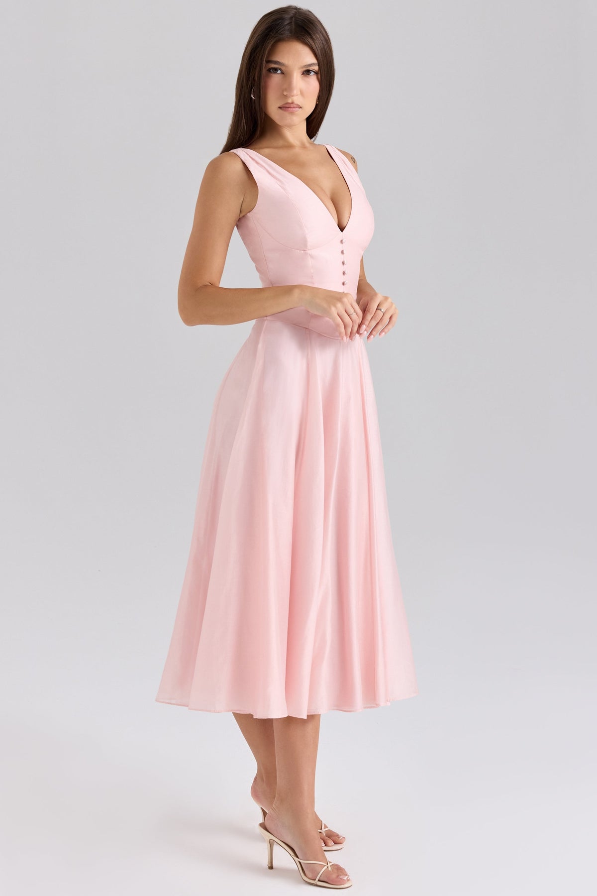 pink chiffon button midi dress