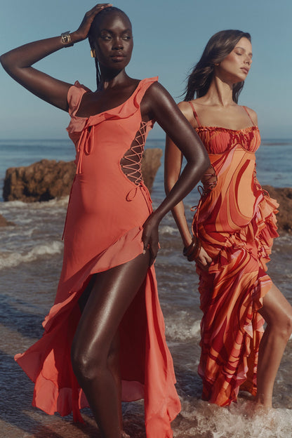 coral georgette ruffle maxi dress