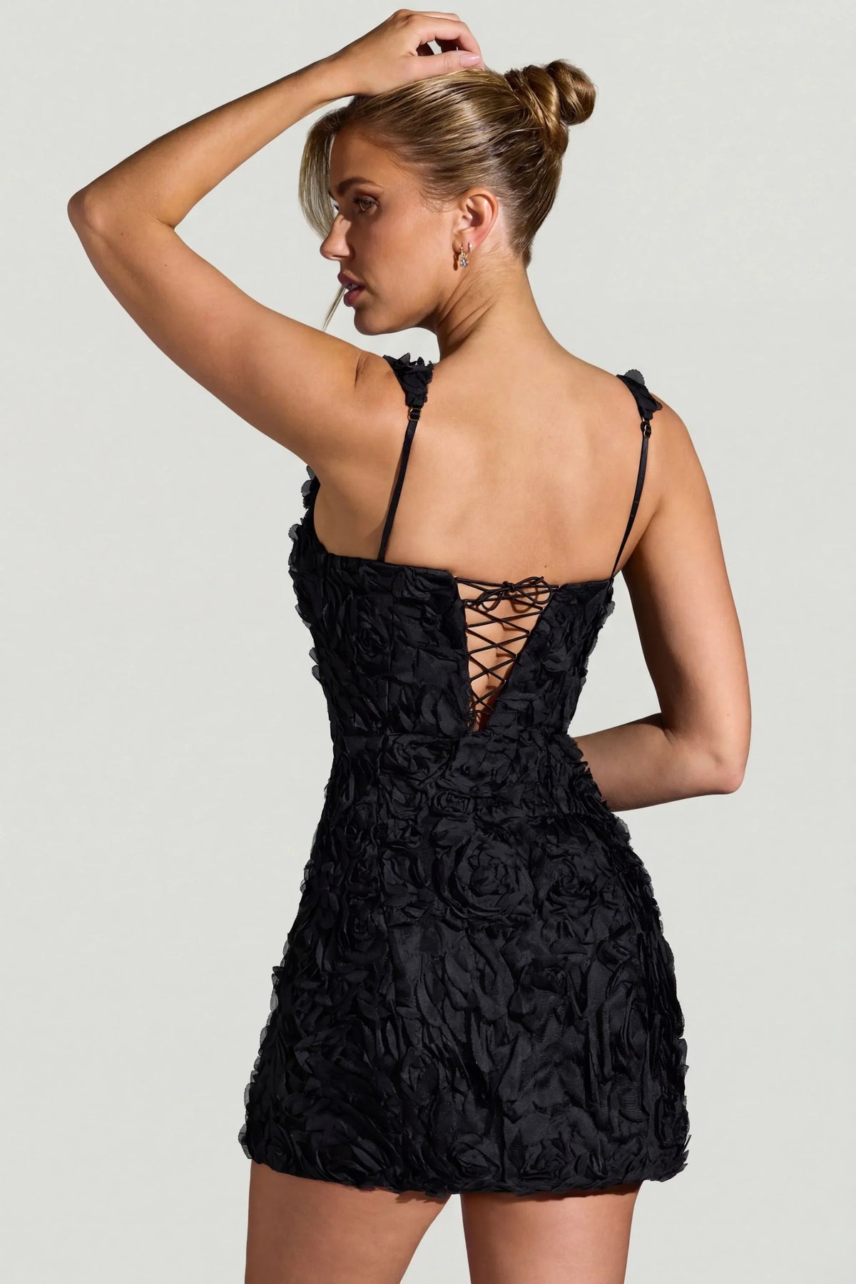 Floral-Appliqué Square-Neck Corset Mini Dress in Black