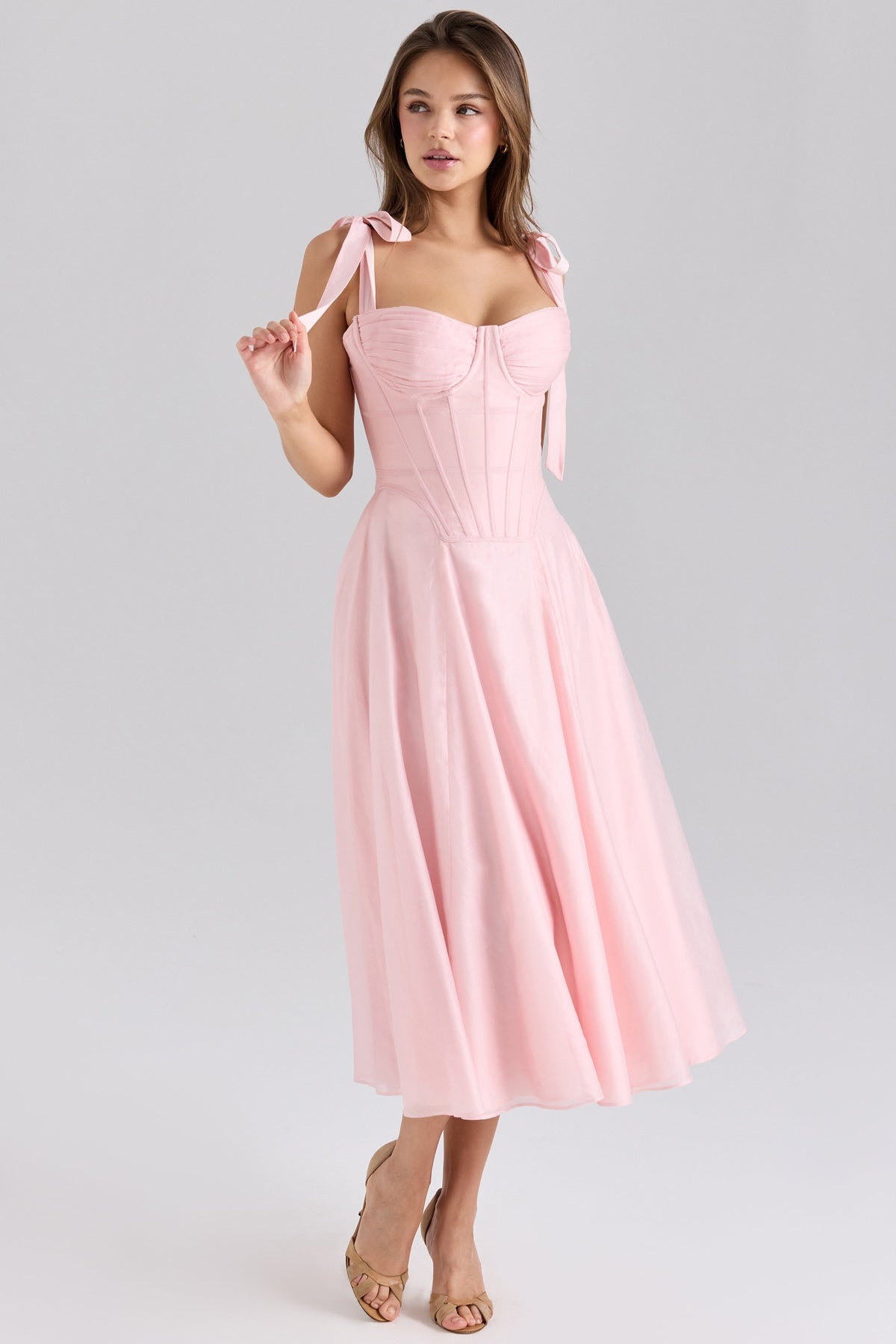 pink chiffon tie strap midi dress