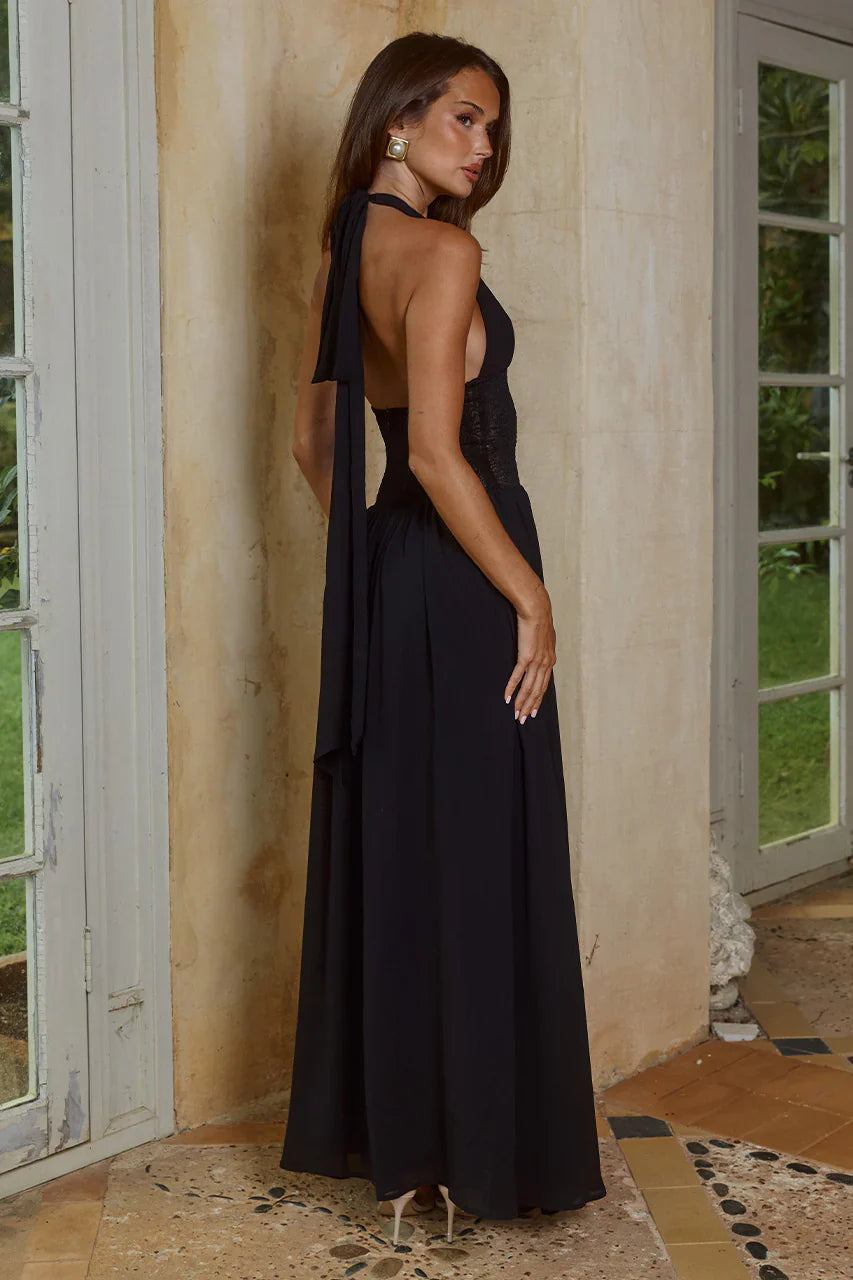 FERNANDA PLUNGE HALTER MAXI DRESS - BLACK