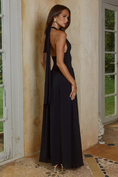 FERNANDA PLUNGE HALTER MAXI DRESS - BLACK