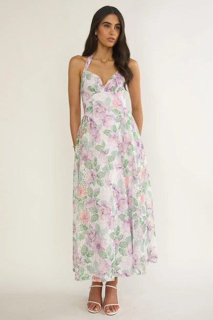 Florent Sweetheart Halterneck Maxi Dress Lace Lilac