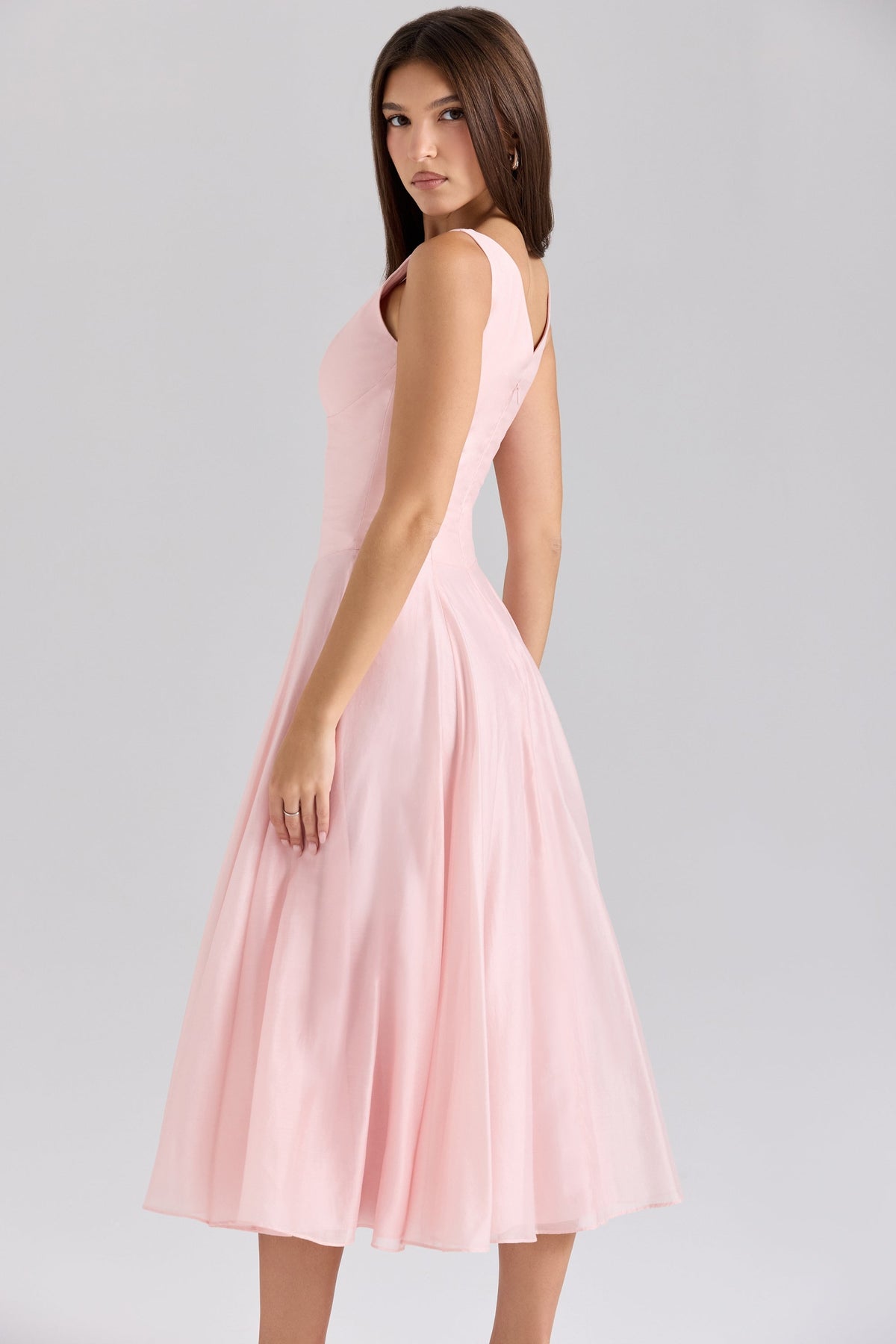 pink chiffon button midi dress