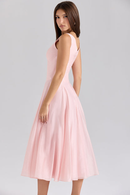 pink chiffon button midi dress