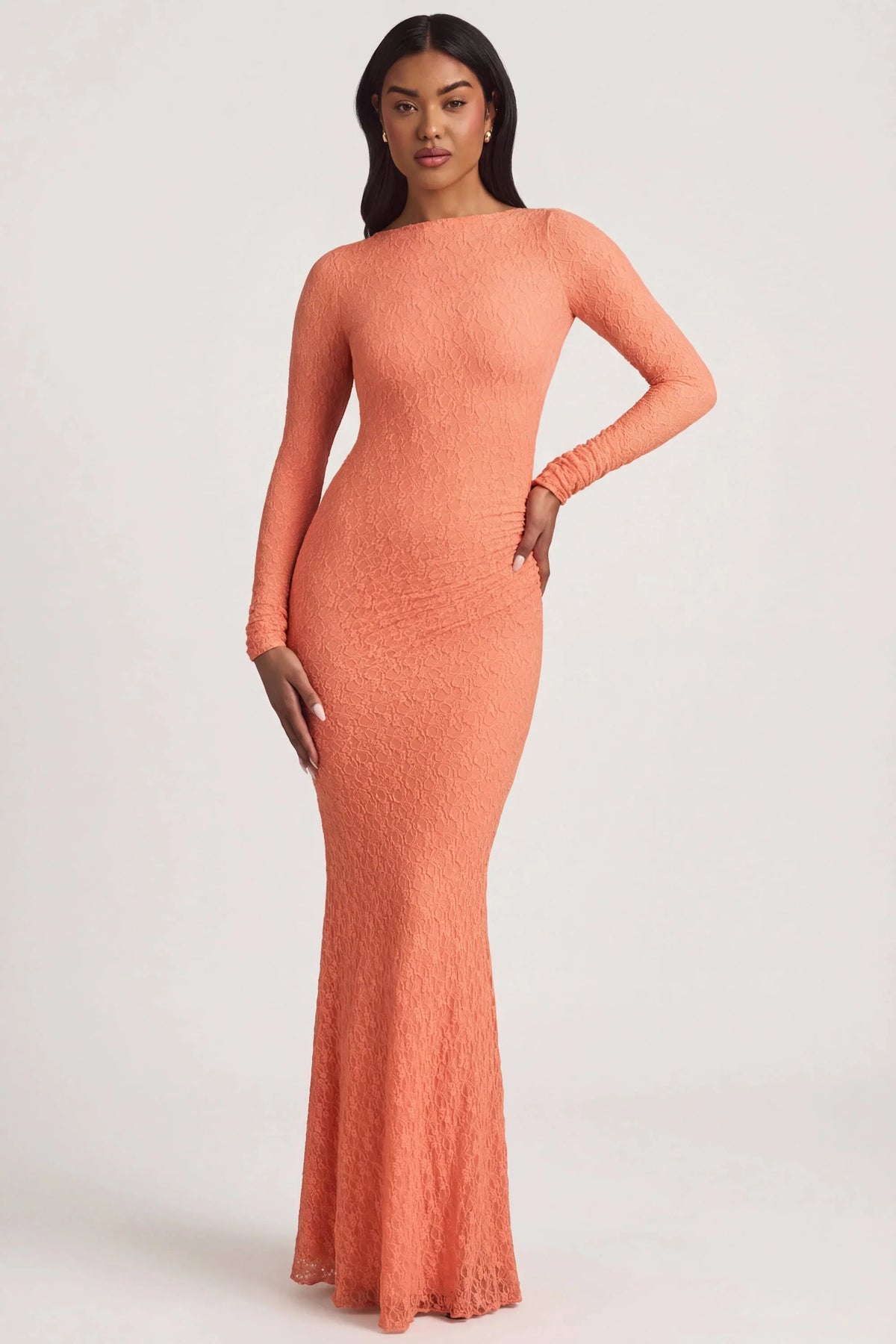 Ruched Backless Lace Maxi Dress in Peach