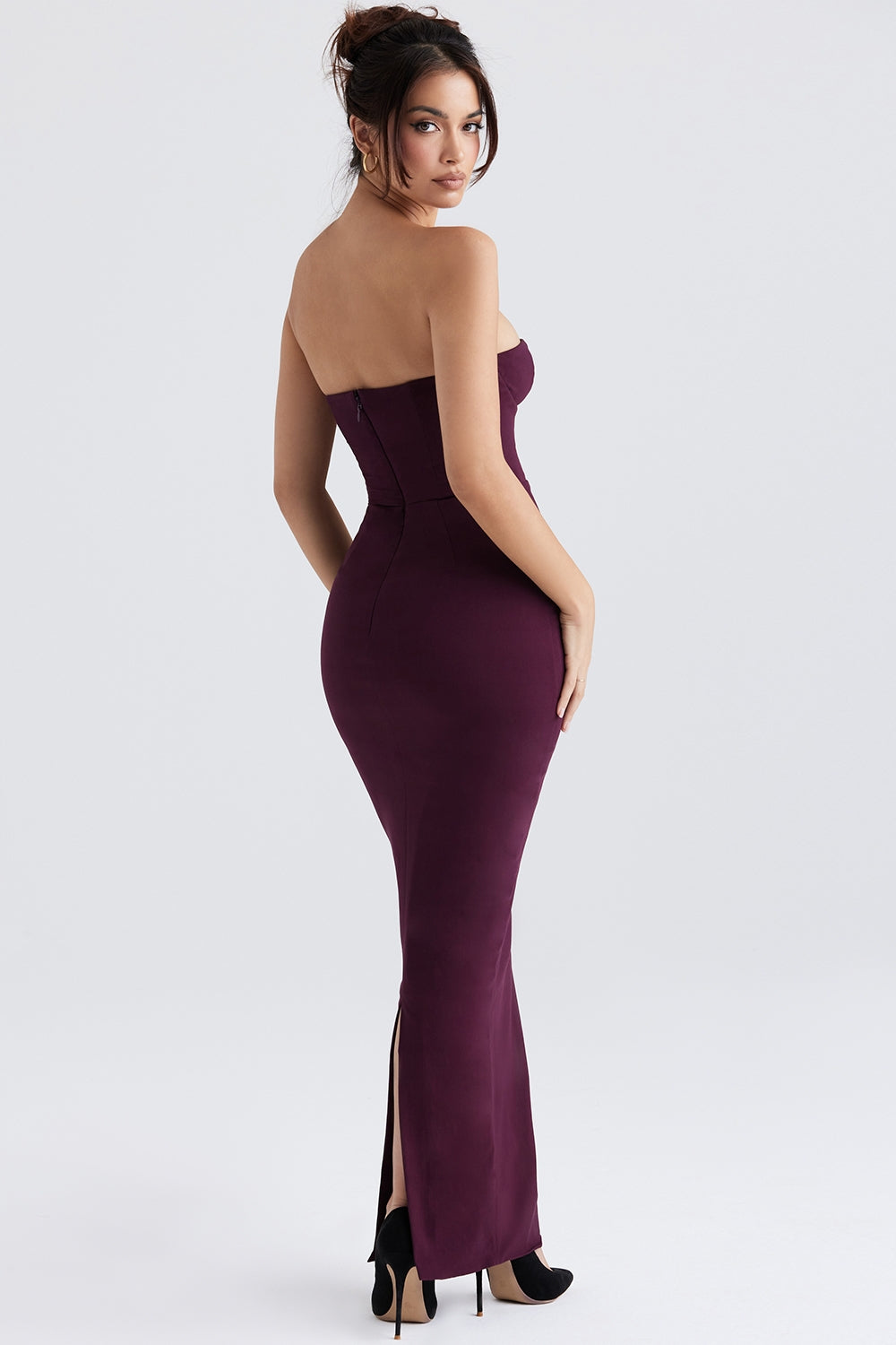 grape strapless corset maxi dress