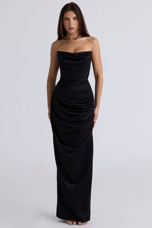 black satin strapless corset maxi