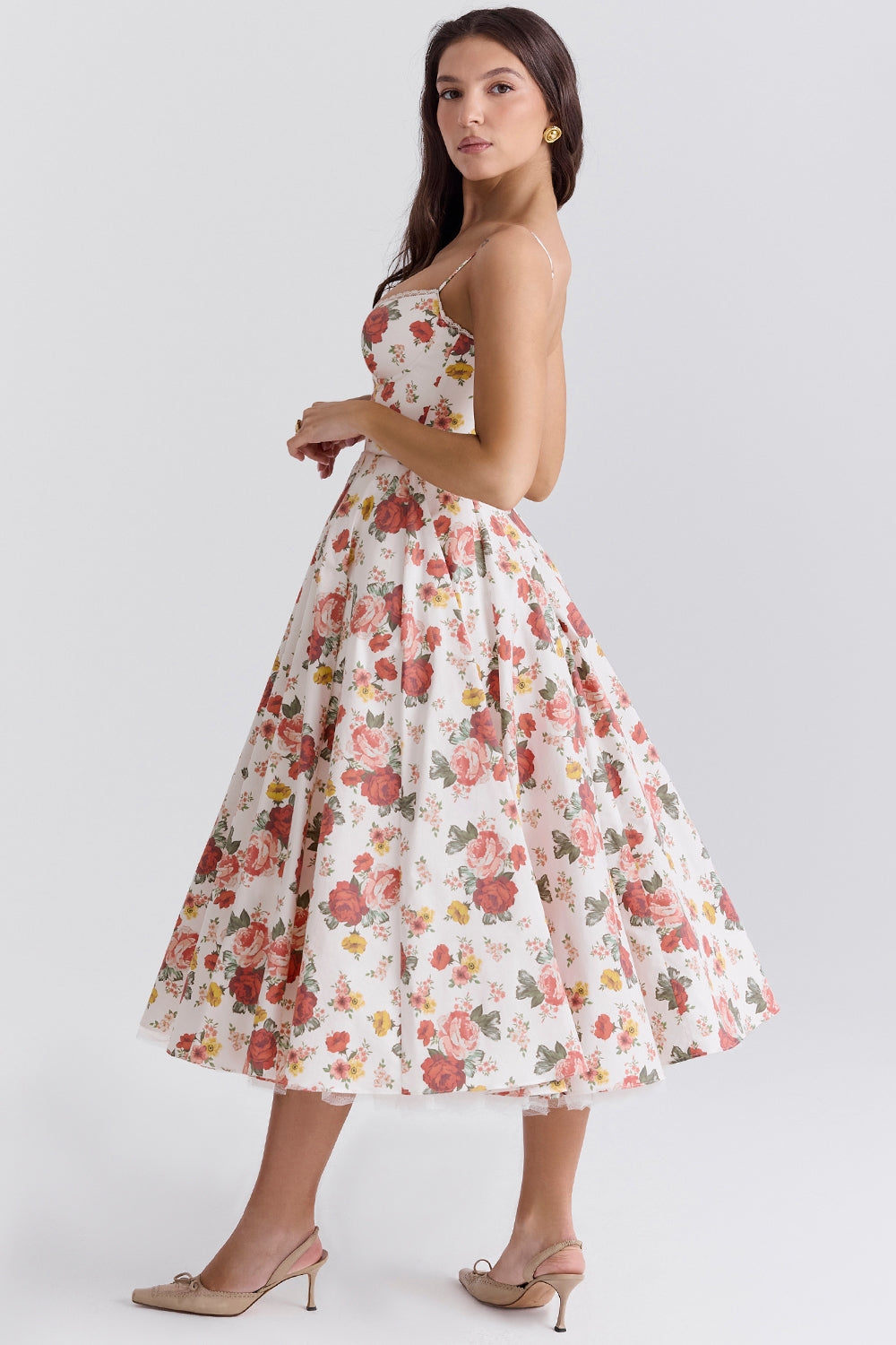 italian rose print tulle midi dress